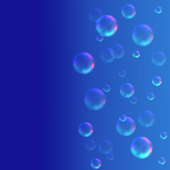 Digital generated illustration - scattering transparent  spherical particles of gas or water drops. Abstract gradient blue background, space for text. Freshness, or chemical dispersion concept