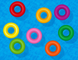 Swim rings, colorful inflatable water tubes, colored lifesavers. Set of floating plastic donuts on blue water, symbol for group travel fun or young and friendly vacation destinations. Vector illustrat