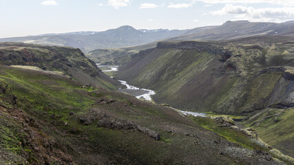 Fototapeta premium Amazing, volcanic landscape of the Eldgjá canyon, a volcanic canyon in the Vatnajokull National Park, deep inside the central highlands of Iceland.