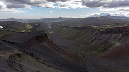 Amazing, volcanic landscape of the Eldgjá canyon, a volcanic canyon in the Vatnajokull National Park, deep inside the central highlands of Iceland.