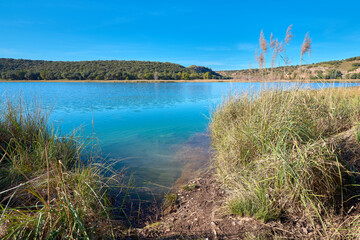 Landscape view from the edge of the Laguna Conceja Lake in the Lagunas de Ruidera Lakes Natural Park, Albacete province, Castilla la Mancha, Spain	