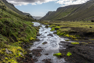 Amazing, volcanic landscape of the Eldgjá canyon, a volcanic canyon in the Vatnajokull National Park, deep inside the central highlands of Iceland.