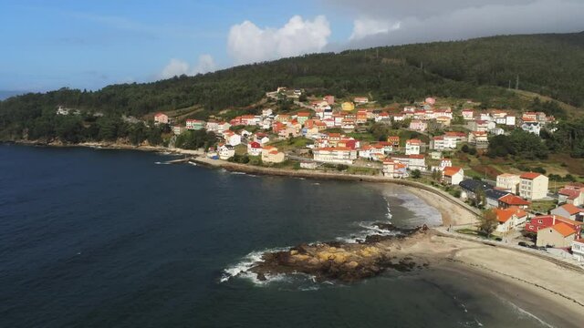 Beautiful beach in Ezaro, coastal village of Galicia,Spain. Aerial Drone Footage