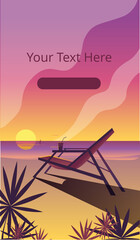 Tropical landscape with a sunset on the sea and a sun chair. Template for a vertical banner.