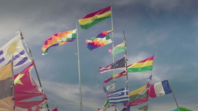 Dakar World Flags, as the Andes and Bolivian Flagss at Uyuni Salar, Bolivia.