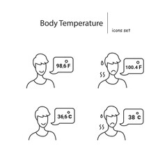 Body temperature icons set. Person reporting normal and elevated Celsius and Fahrenheit body temperature linear pictogram. Concept of corona virus sign and symptoms.Editable stroke vector illustration