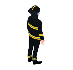 Professional male character fireman extinguish fire standing with water hose isolated on white, isometric vector illustration. Man firefighter full suit, employer emergency service, dangerous work.