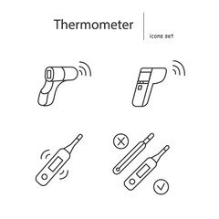 Thermometer icons set. Wireless gun digital body temperature devices linear pictogram. Concept of corona virus sign and symptoms check and public health safety. Editable stroke vector illustrations
