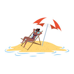 young afro woman relaxing on the beach seated in chair and umbrella