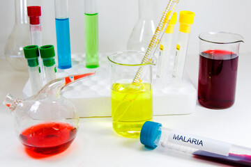 Malaria blood test tube samples, laboratory and diagnoses, chemical elements and instruments