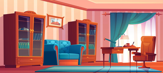 Vintage home office interior with wooden furniture, table, chair, sofa and bookcases. Vector cartoon illustration of empty chief cabinet with blue curtains, couch, desk and painting on wall