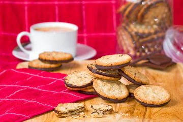 Oatmeal cookies with chocolate and freshly roasted coffee