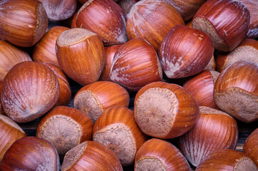 Close up Hazelnuts vegetarian food on old wooden background