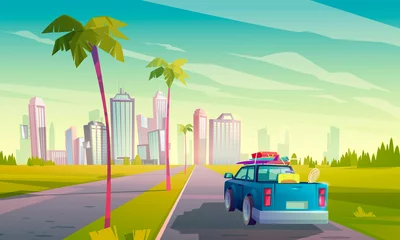 Poster Summer travel by car. Vector cartoon illustration of auto with luggage on road to tropical city with skyscrapers and palm trees. Concept of vacation, trip by car to resort © klyaksun
