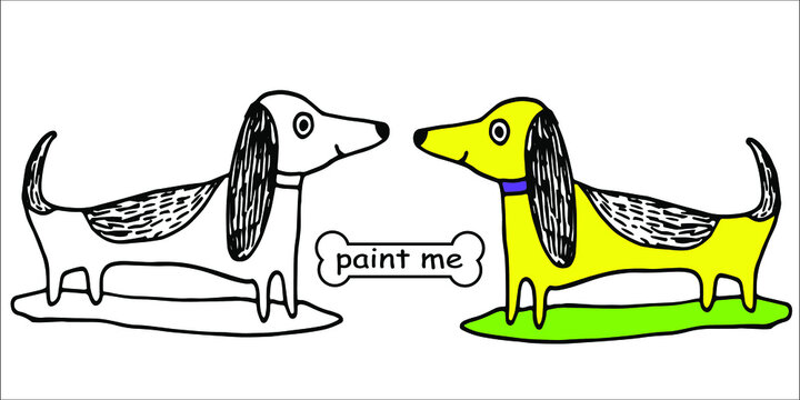 paint me Dogs. The coloring book contains a black and white outline drawing and a colored sample. Suitable for applications of coloring books, stickers, movie posters, jobs, kids,