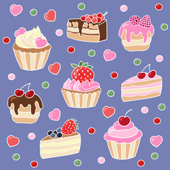 Set of cupcakes and cakes with berries