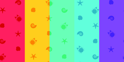 set of seamless vector patterns  with shell, conch, crab and starfish in red, yellow, green, blue and purple