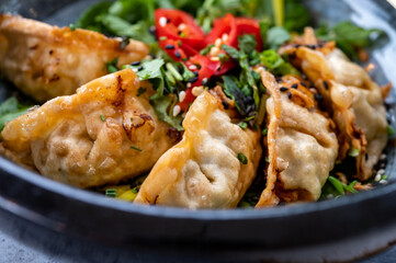 Tasty asian food, homemade deep fried chicken gyoza dumplings