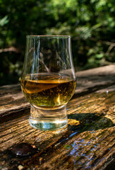 Tasting of different Scotch whiskies on outdoor terrace, dram of whiskey