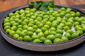 New harvest of ripe green peas legumes