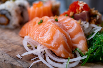 Japanese food, sashimi made from raw salmon fish