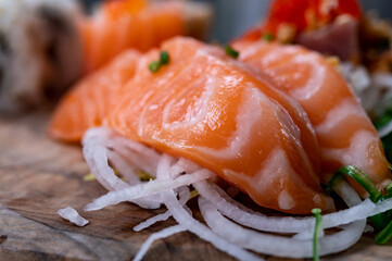 Japanese food, sashimi made from raw salmon fish