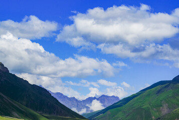 Naklejka premium Summer mountains green grass and blue sky landscape