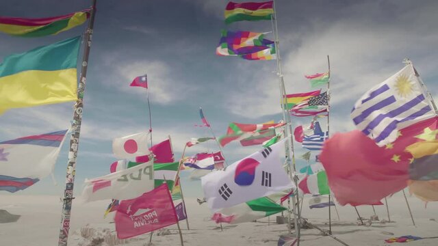 Dakar World Flags, as the Andes and Bolivian Flagss at Uyuni Salar, Bolivia.