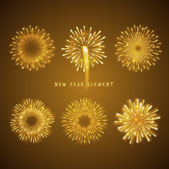 Realistic new year party element collection with fireworks