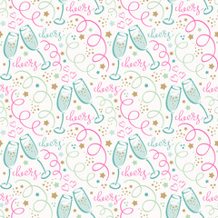 Seamless vector pattern with champagne glasses and serpentine.