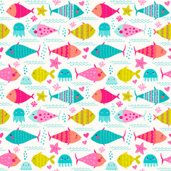 Fototapeta premium Seamless vector pattern with different fishes and sweet-faced sea jelly.