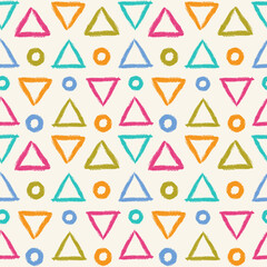 Simple seamless pattern with triangles and circles. Vector background with hand drawn geometric elements.