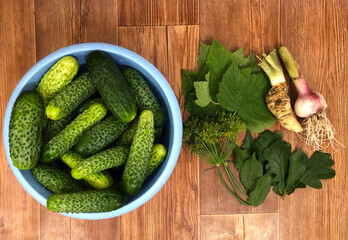 Preparation for pickling cucumbers. Preservation. Summer food concept. Top view. Flat lay