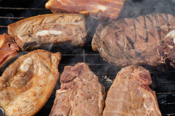 Grilling pieces of meat. Summer time leisure background.