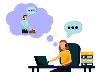 Woman with headset is sitting at her computer and talking with client. Clients assistance, call center, hotline operator, consultant manager, technical support and customer care. Vector illustration.