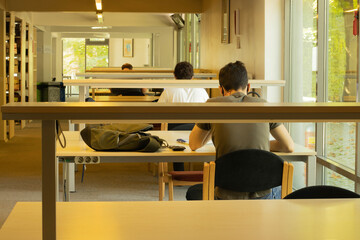 High school or college students study and read together in library education concepts