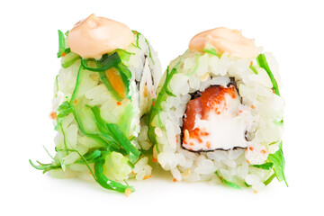 Sushi roll with seaweed, avocado, cucumber, cream cheese isolated on white background. Japanese food