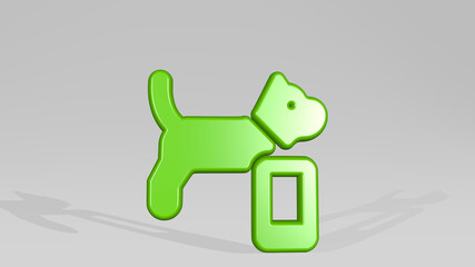 PET TRACKING DOG SMARTPHONE from a perspective with the shadow. A thick sculpture made of metallic materials of 3D rendering. animal and illustration