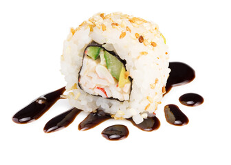 Sushi roll (California) with crab meat, avocado, cucumber, unagi sauce isolated on white background. Japanese food