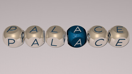 PALACE combined by dice letters and color crossing for the related meanings of the concept. architecture and building