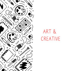 Obraz premium Hand drawn set of creative artist tools element, brush, pencil, paint, sketchbook, marker. Doodle sketch style. Artist element drawn by digital pen. Vector illustration for banner, icon, craft design
