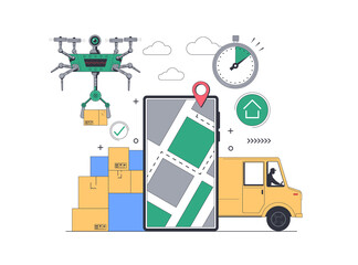 Online Delivery service concept. Fast Delivery by Truck and Drone. Mobile tracking app. Online order tracking. City logistics. Scooter with courier. Flat Vector illustration