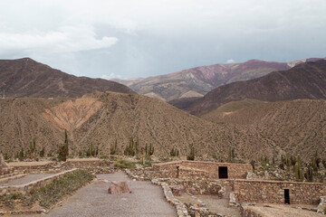 Ancient architecture and civilization. View of aboriginal civilization stone ruins of Pucara high in the mountains in Tilcara, Argentina.