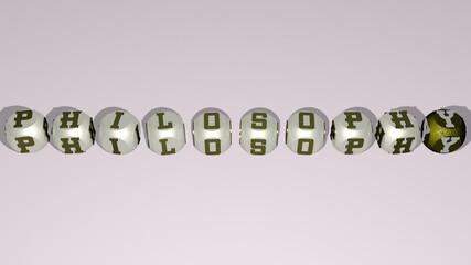 crosswords of PHILOSOPHY arranged by cubic letters on a mirror floor, concept meaning and presentation. illustration and background