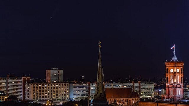 Day to Night Aerial View Time Lapse of Berlin cityscape with neowise C/2020 F3 comet, Berlin, Germany