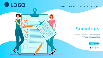 Sociology.People's reviews and survey form.Employees are engaged in customer surveys.Feedback.Monitoring public opinion.The template of the landing page.Flat vector illustration.