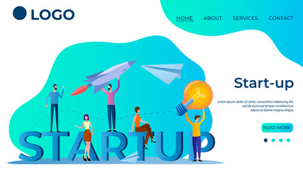 Start-up.Brainstorming and searching for ideas .People are jointly engaged in a new business.Teamwork and mutual assistance.The template of the landing page.Flat vector illustration.