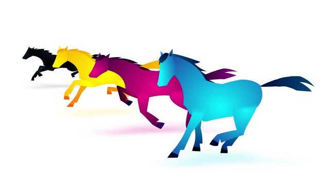 CMYK horses cartoon version 2. Four businessmen riding colour vector horses. Seamless loop. Animation good for business metaphor of printing process. Wector style illustration of idea.
