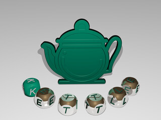 3D illustration of KETTLE graphics and text around the icon made by metallic dice letters for the related meanings of the concept and presentations. background and tea