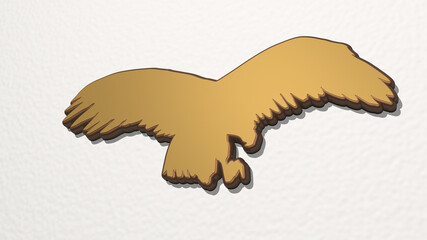 EAGLE HUNTING made by 3D illustration of a shiny metallic sculpture on a wall with light background. bird and animal